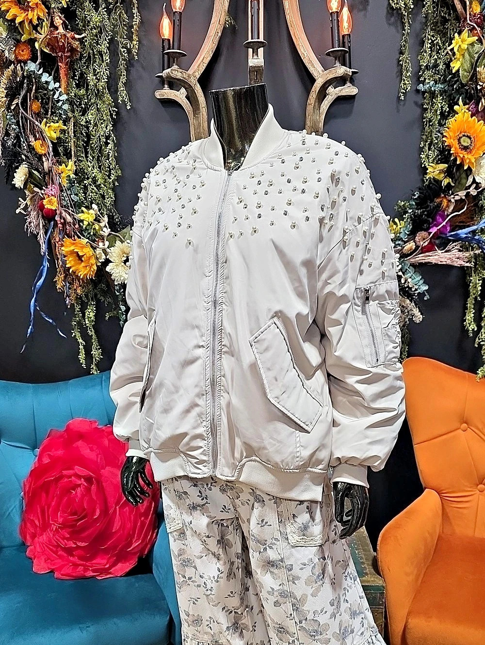 Veveret Pearl & Rhinestone Embellished Puffed Bomber Jacket